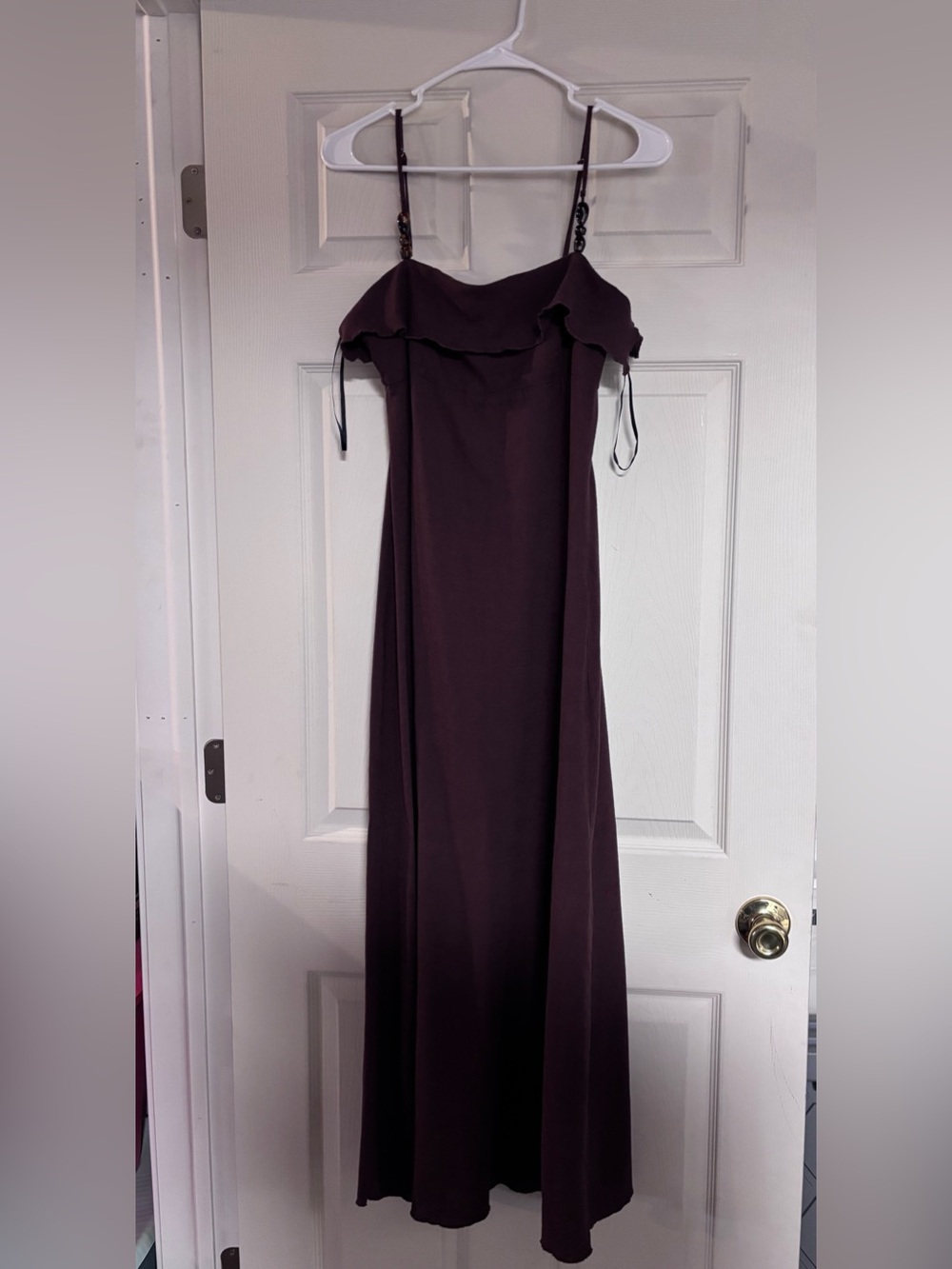 Brown Maxi Dress with Ruffle Detail & Beaded Straps